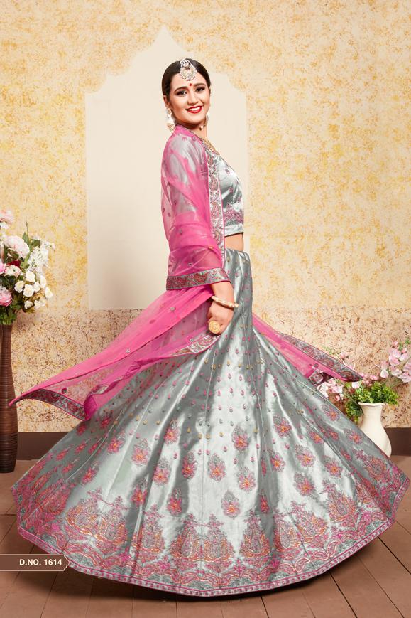 Pure Banarasi Silk Wedding Lehenga in Grey & Pink Color With Embroidery work