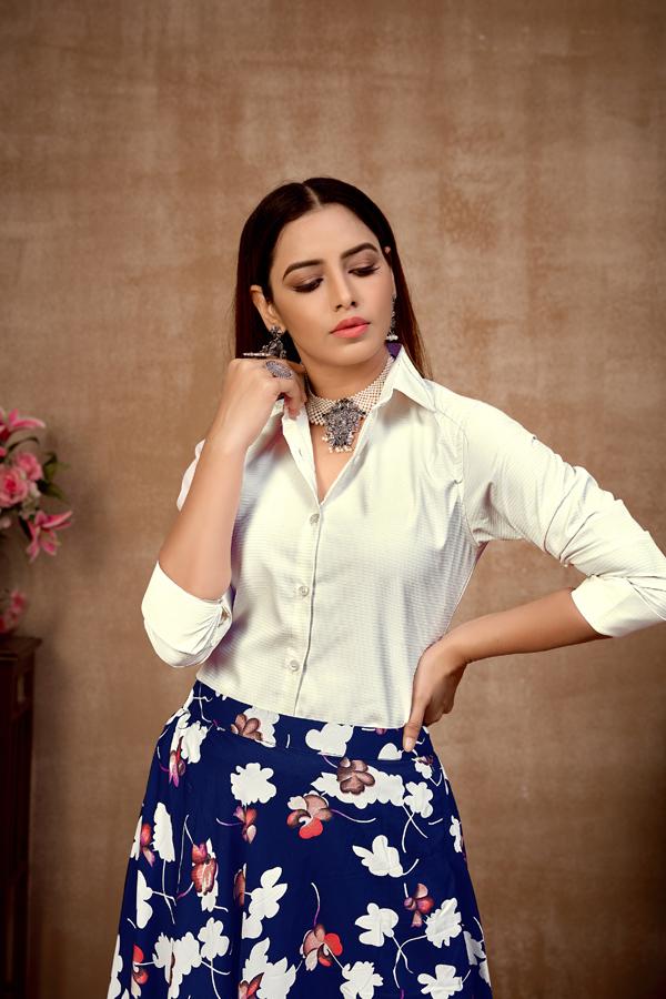 Party Wear White Top With Floral Printed Skirt For Women