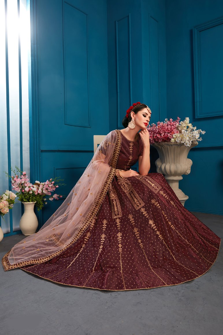 Chocolate Brown Stretch Jersey Layered Designer Lehenga – Ethnos