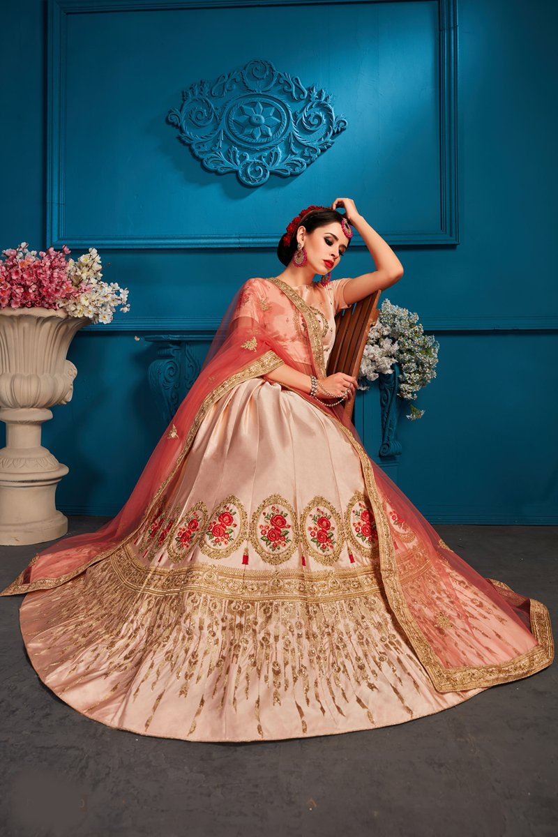 Bridal Wear Lehengas, Net & Velvet Fabrics- Red & Peach Colour - Best Wedding  Lehenga Online Offer - Aapnam