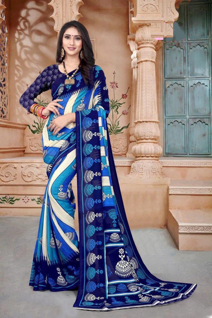 Glamorous Blue And White Georgette Printed Saree