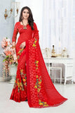 Red With Yellow Flower Printed  Georgette Saree For Daily Wear