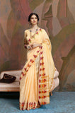 Amazing Yellow Temple Woven Border Linen Saree For Women