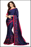 Light Weight Navy Blue Printed Saree With Fancy Unstitched Blouse Piece