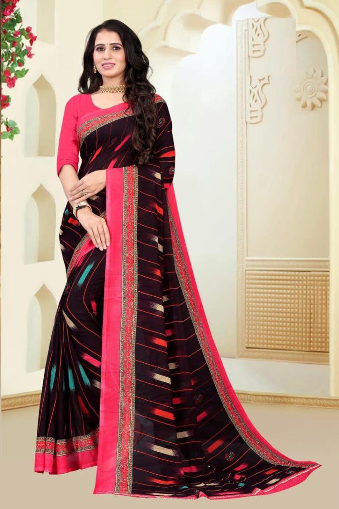 Striped And Shadow  Printed Georgette Saree With Blouse Piece