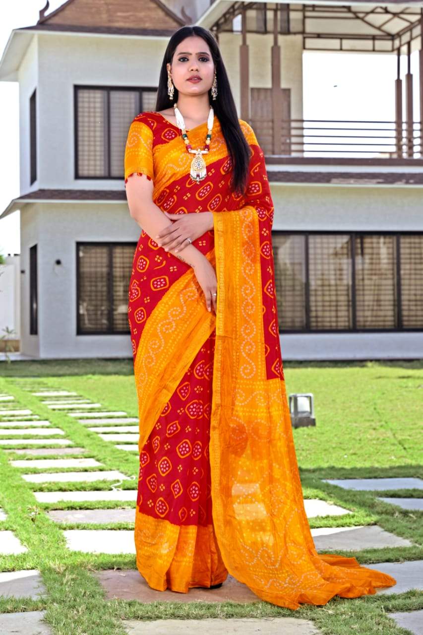 Yellow & Red Pure Hand Bandhej Bandhani Saree With Weaving Rich Pallu |  Saree designs, Saree, Yellow saree