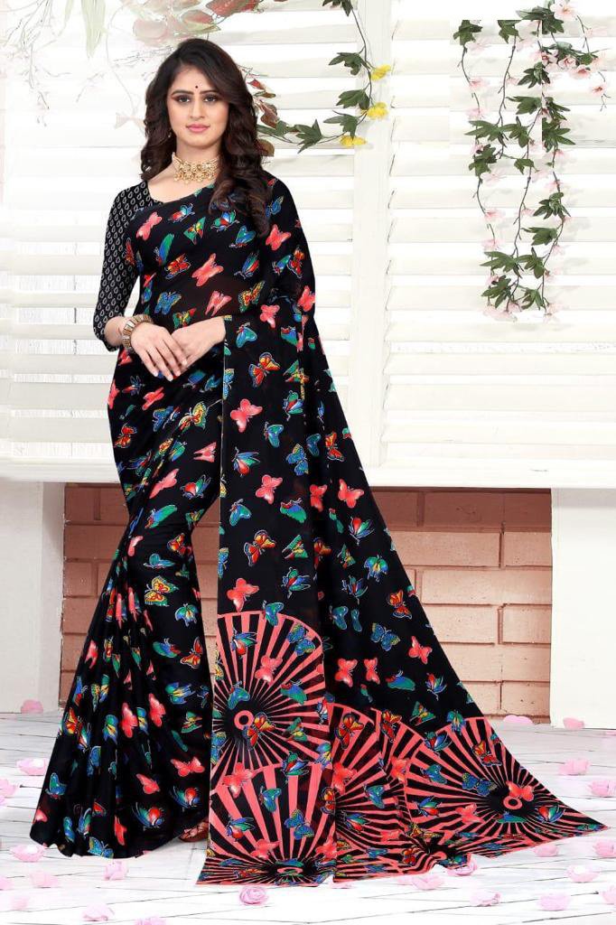 Black Coloured Georgette Butterfly Printed Casual saree | Leemboodi