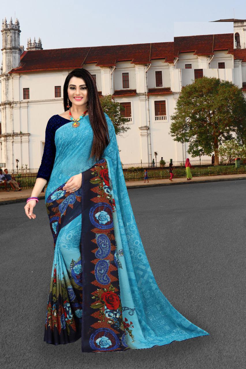 Sea Green Embroidered Border Georgette Saree at best price in Delhi