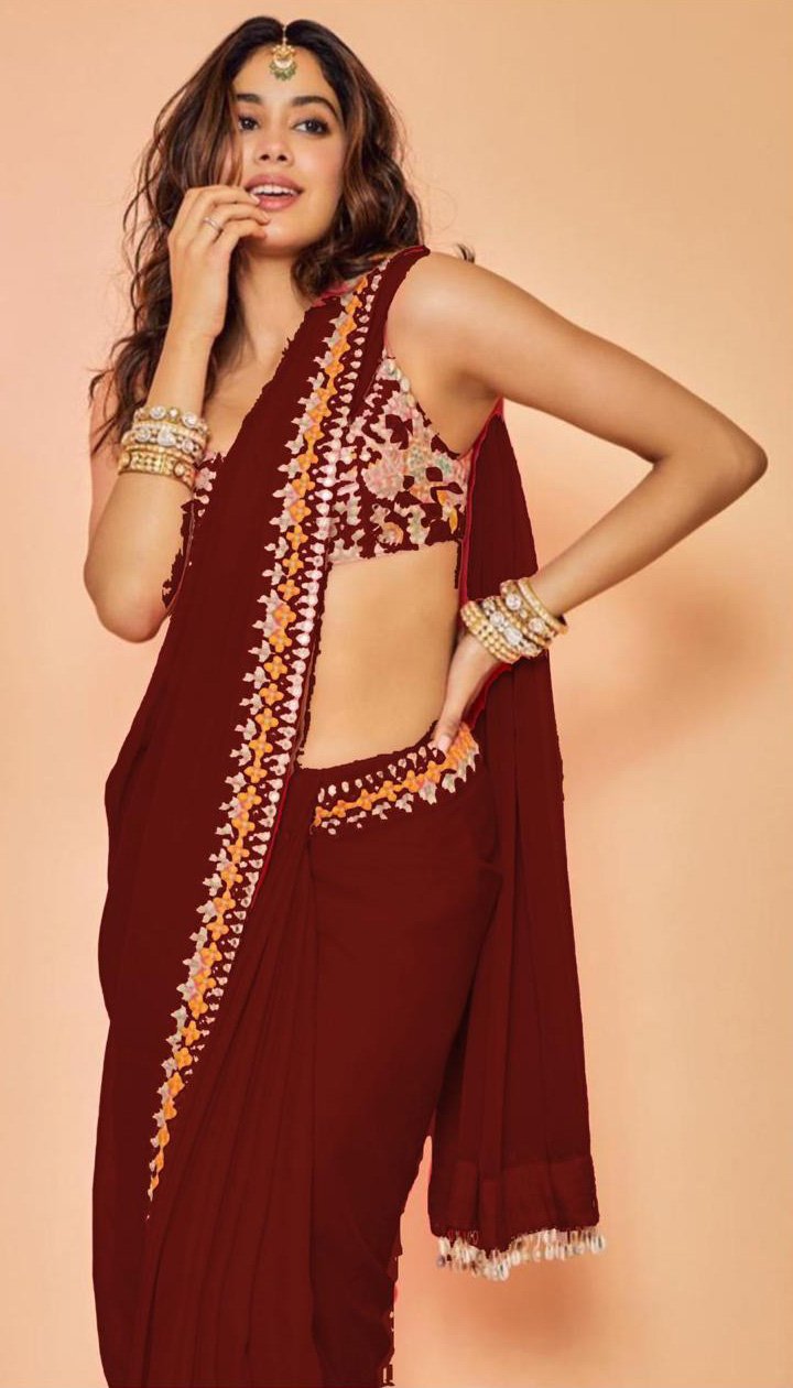 Maroon Colored With Border Embroidery Worked Georgette Saree