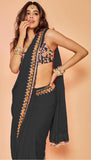 Grey Plain  Embroidery Lace Border  Worked Georgette Saree