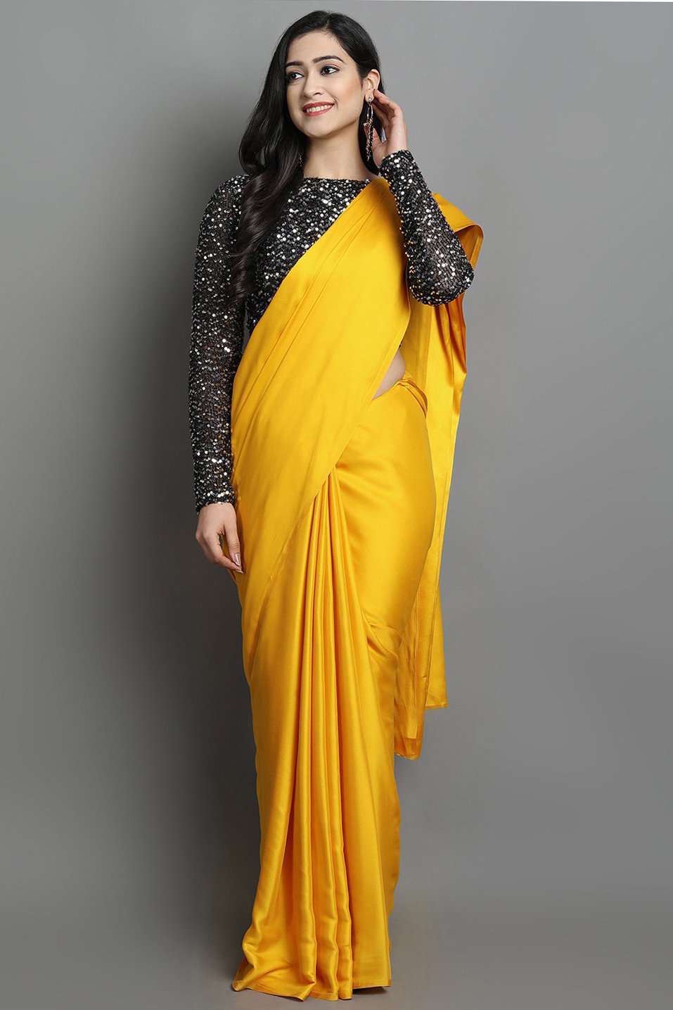 Dazzling Yellow With Sequence Work Black Blouse