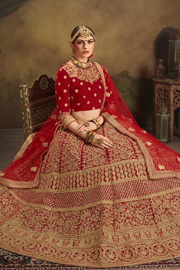 Bridal lahnga in red color with heavy dabka loaf work with crystal per –  Nameera by Farooq