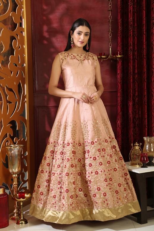 Cream banarasi Silk Designer Gown - PrazuFashion - 3773121