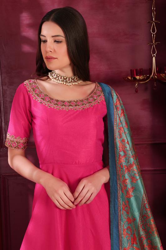 Hot Pink Plain Gown With Work On Neck With Printed Dupatta