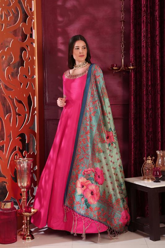 Hot Pink Plain Gown With Work On Neck With Printed Dupatta