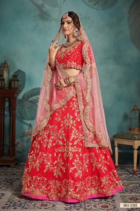 Red Embroidered Bridal Lehenga Choli With Dupatta 2132LG04