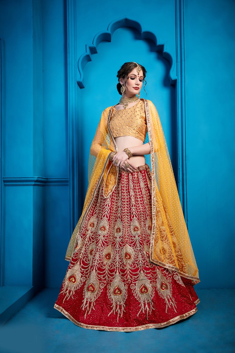 Awesome  Red & Yellow Lehenga Choli With Sequence, Thread Work For Party Wear