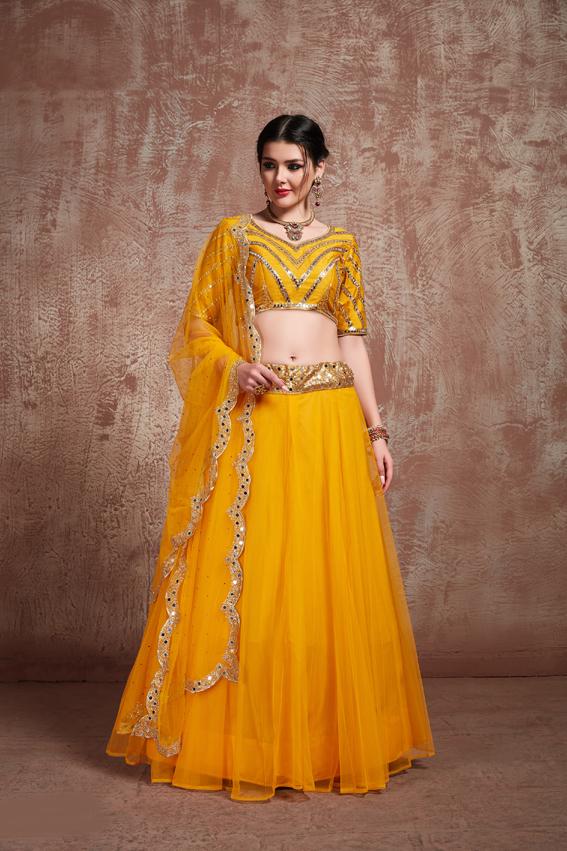 Yellow Foil Mirror Work Lehenga Choli Lengha Wedding Haldi Dress Sari Saree  | eBay