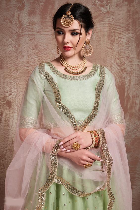 Pista Green Pink Designer Soft Net Lehenga Choli With Sequins, Thread Zari  Work | lupon.gov.ph
