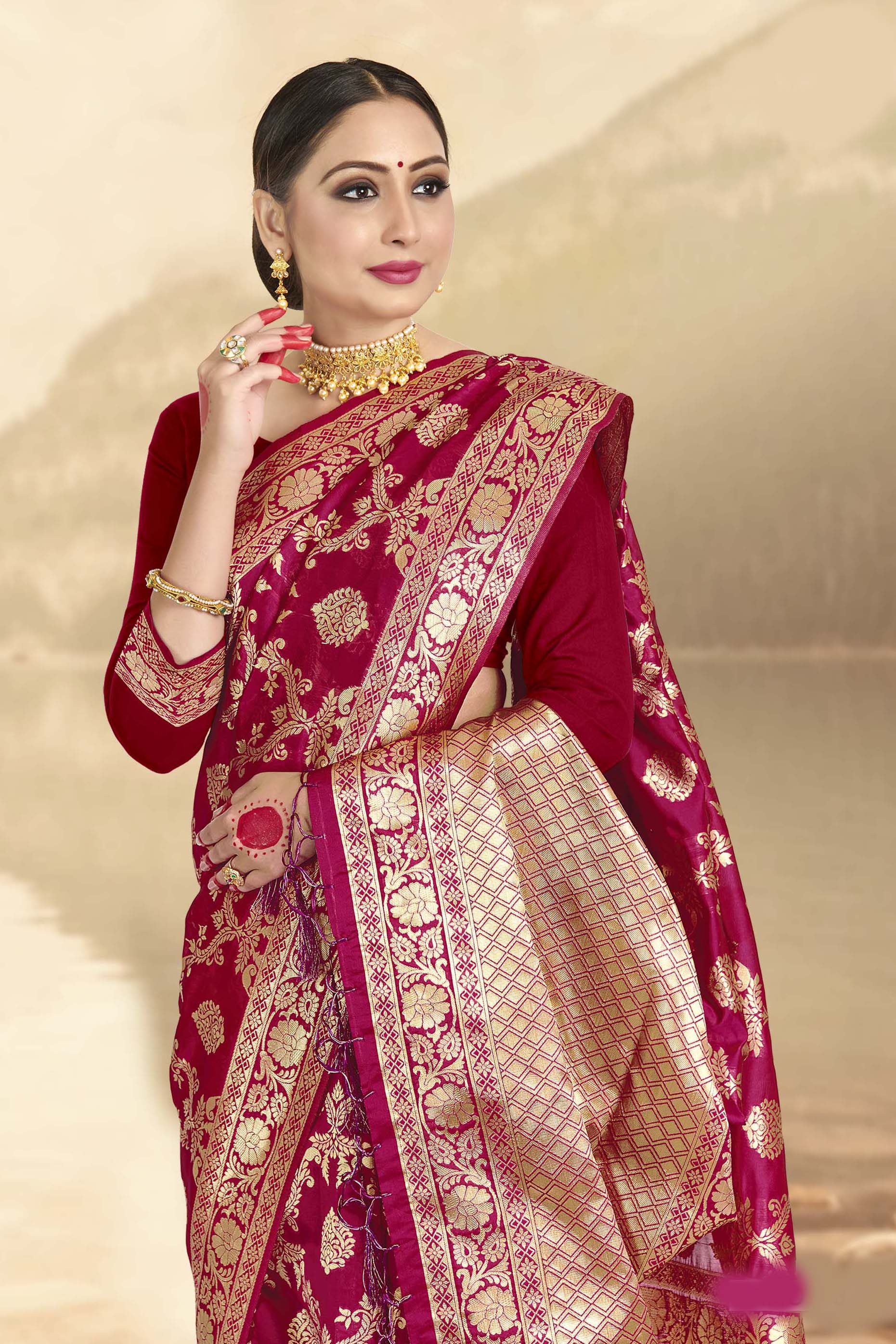 Pink Art Silk Saree With Chex Woven For Party Wear