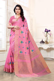 Women Pink Colored Embroidery Work Linen Saree