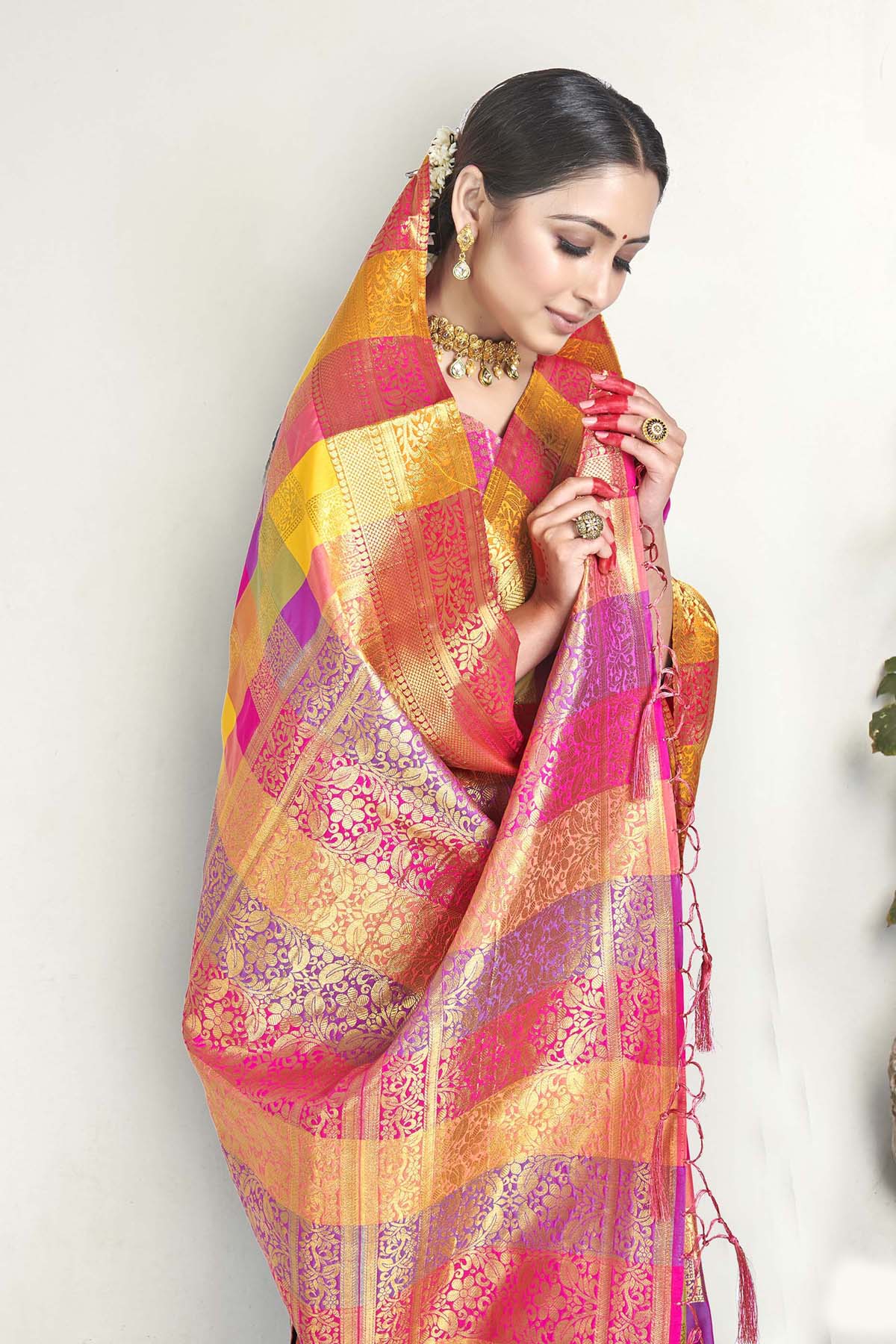 Dazzling Yellow & Pink Block Woven Worked Saree