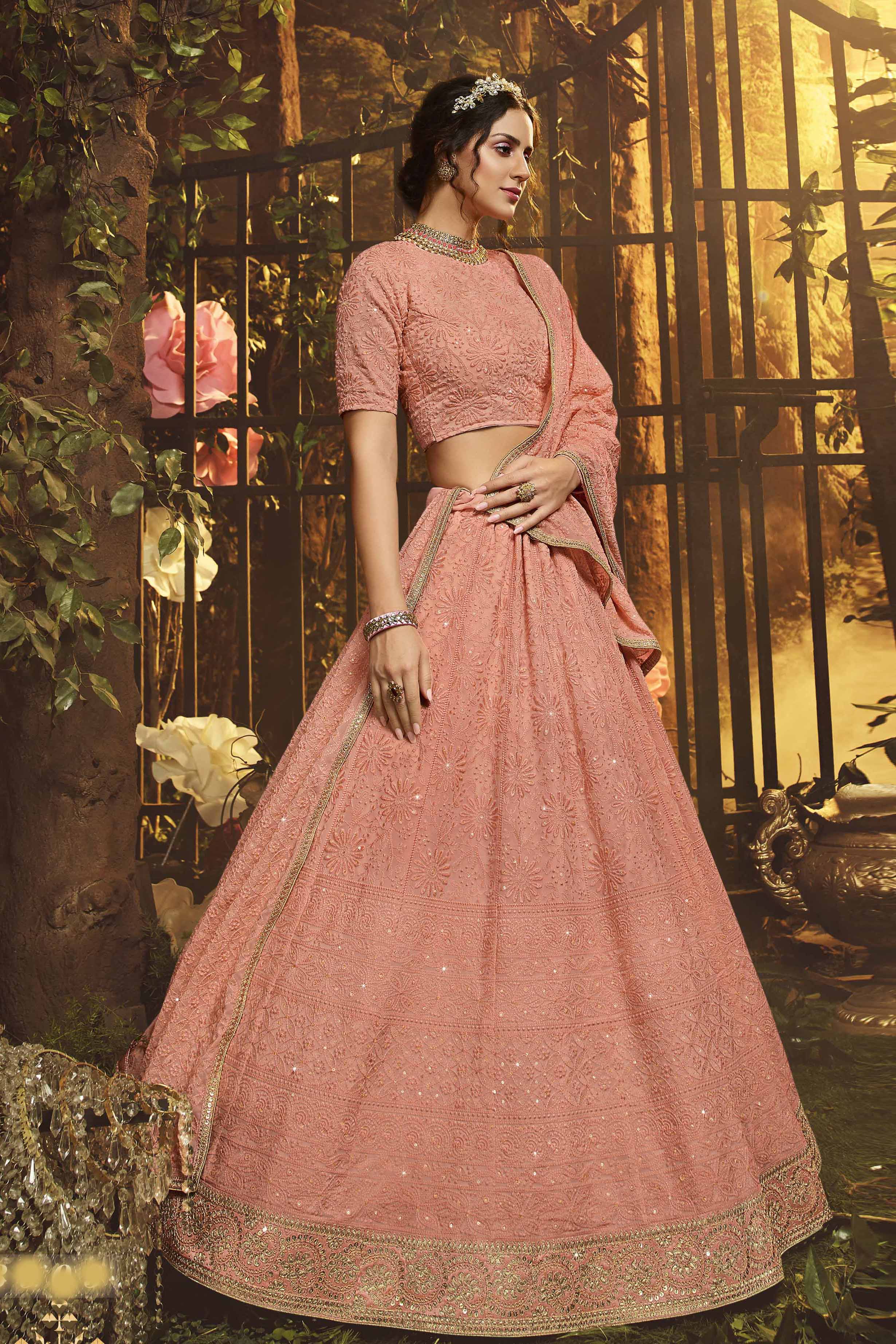 Pink Printed Crop Top, lehenga with Dupatta set - Fashion Baazar