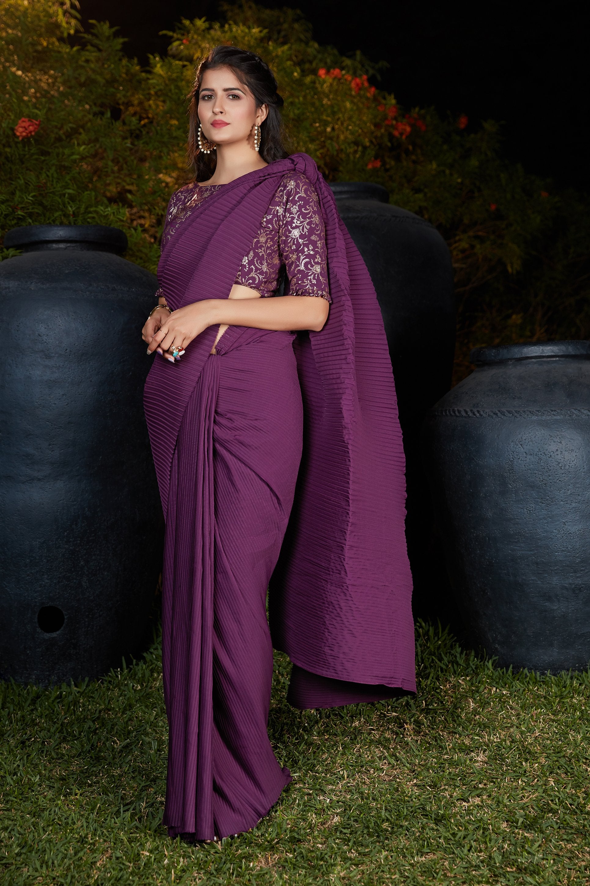 Bollywood Style Plain Saree With Designer Blouse Silk Saree