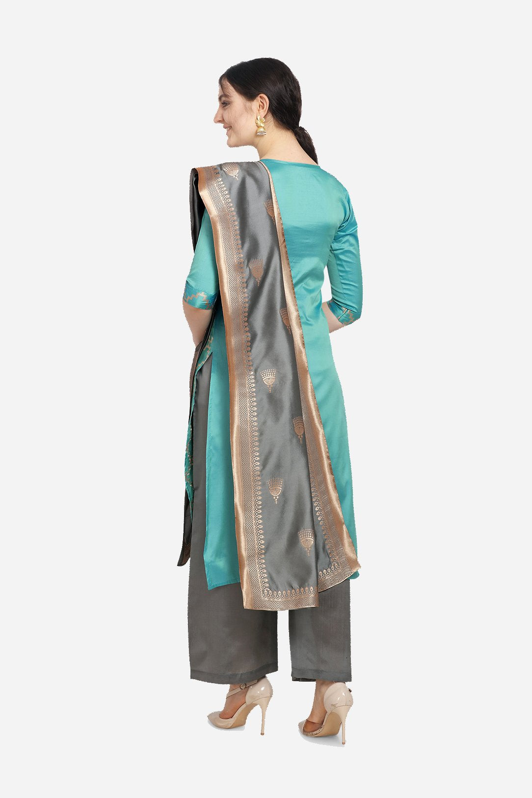 Sea Blue And Grey Cotton Jacquard Dress Material