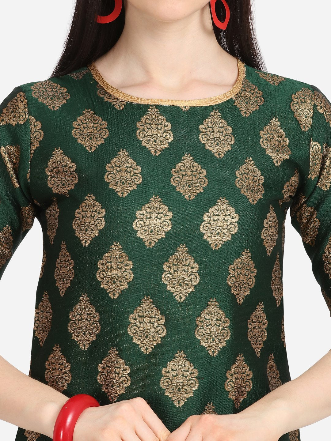 Dark Green And Red  Butta Printed  Dress Material