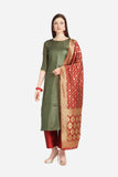 Green And Red Printed  Cotton Jacquard Dress Material