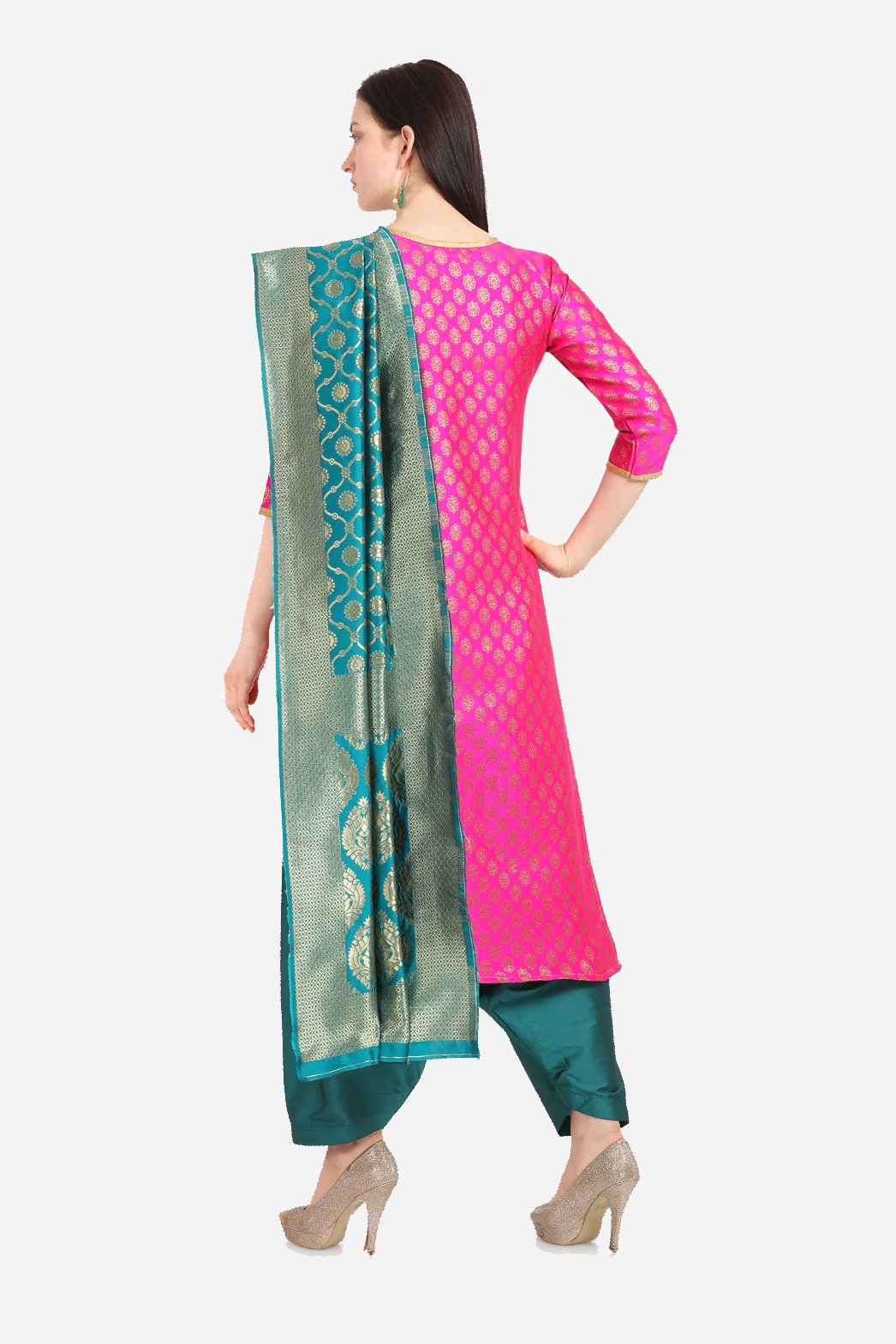 Pink And Green  Cotton  Jacquard Dress Material