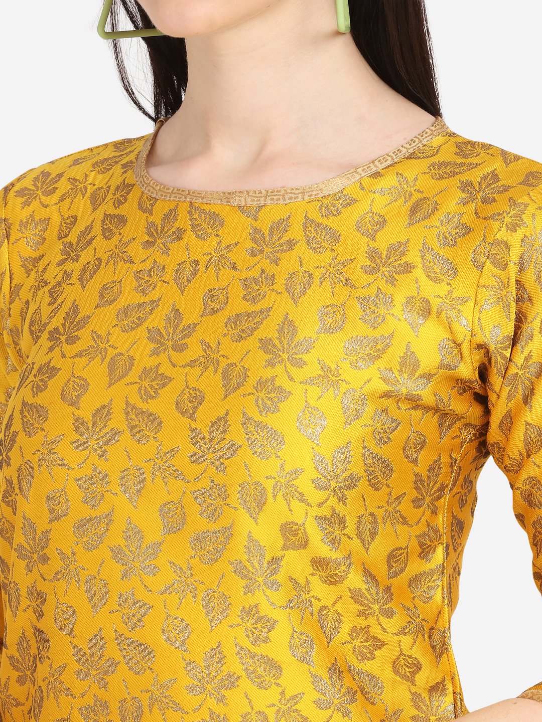 Yellow and Green Leaves Designed  Dress Material