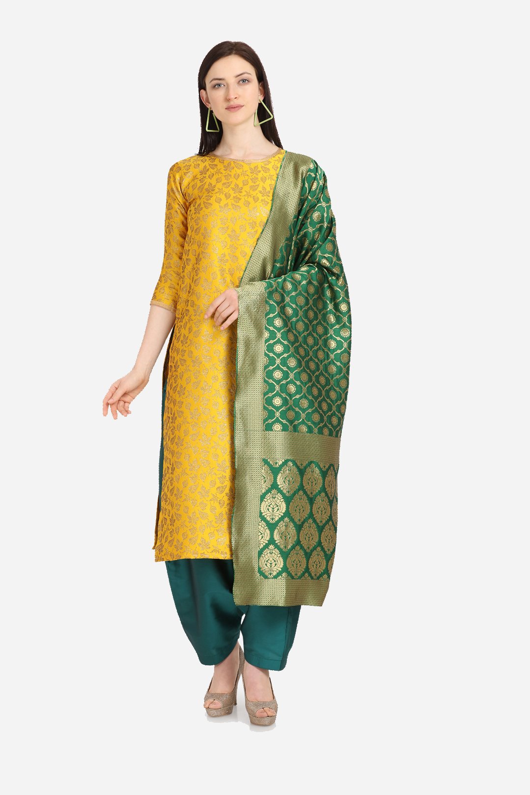 Yellow and Green Leaves Designed  Dress Material