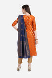 Orange And Dark Blue Cotton Jacquard Dress Material