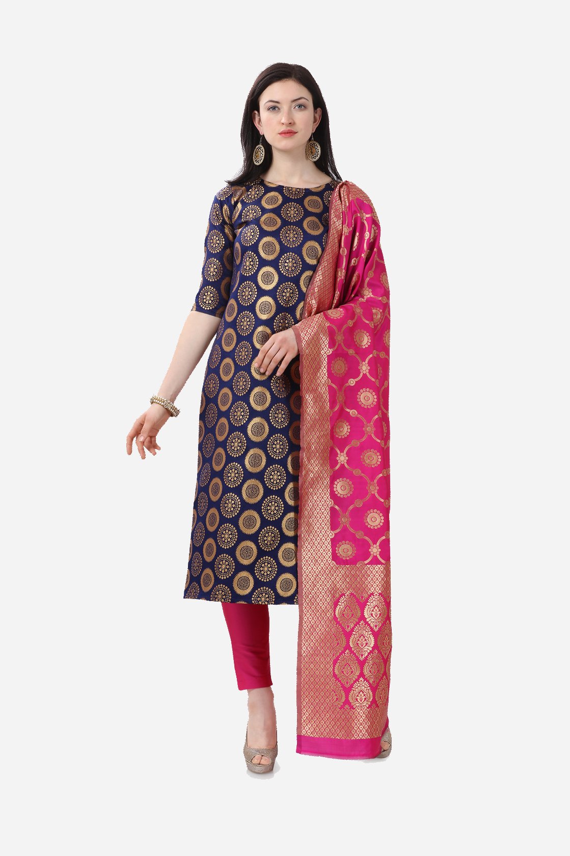 Pink And Blue  Jacquard Dress Material