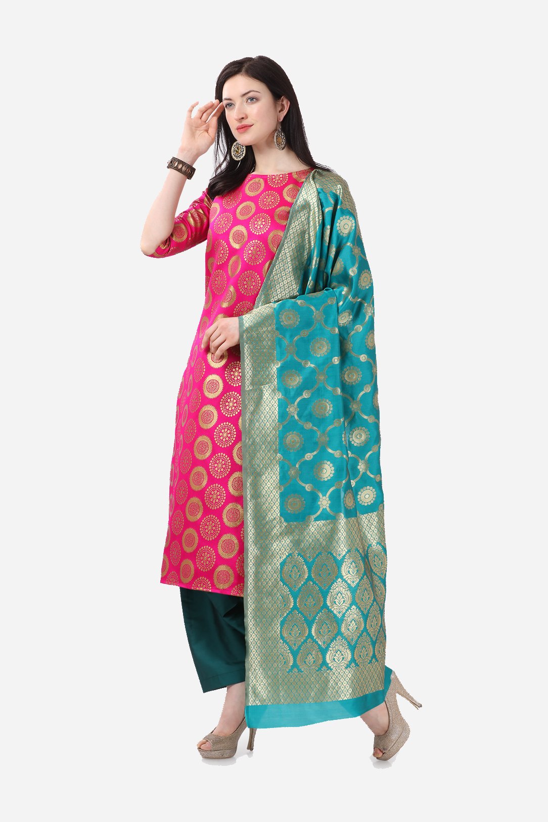 Pink And Green  Jacquard Dress Material