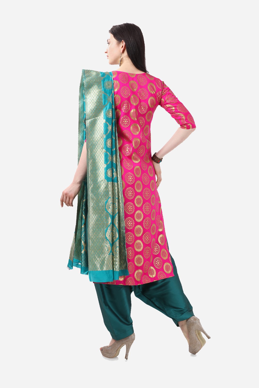 Pink And Green  Jacquard Dress Material