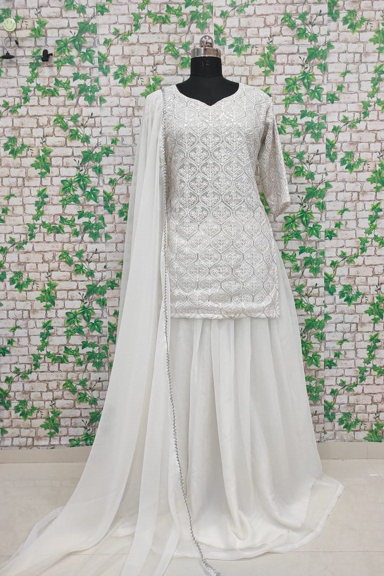 Fancy White Colored Designer Embroidery And Sequence Worked Kurti And Lehenga