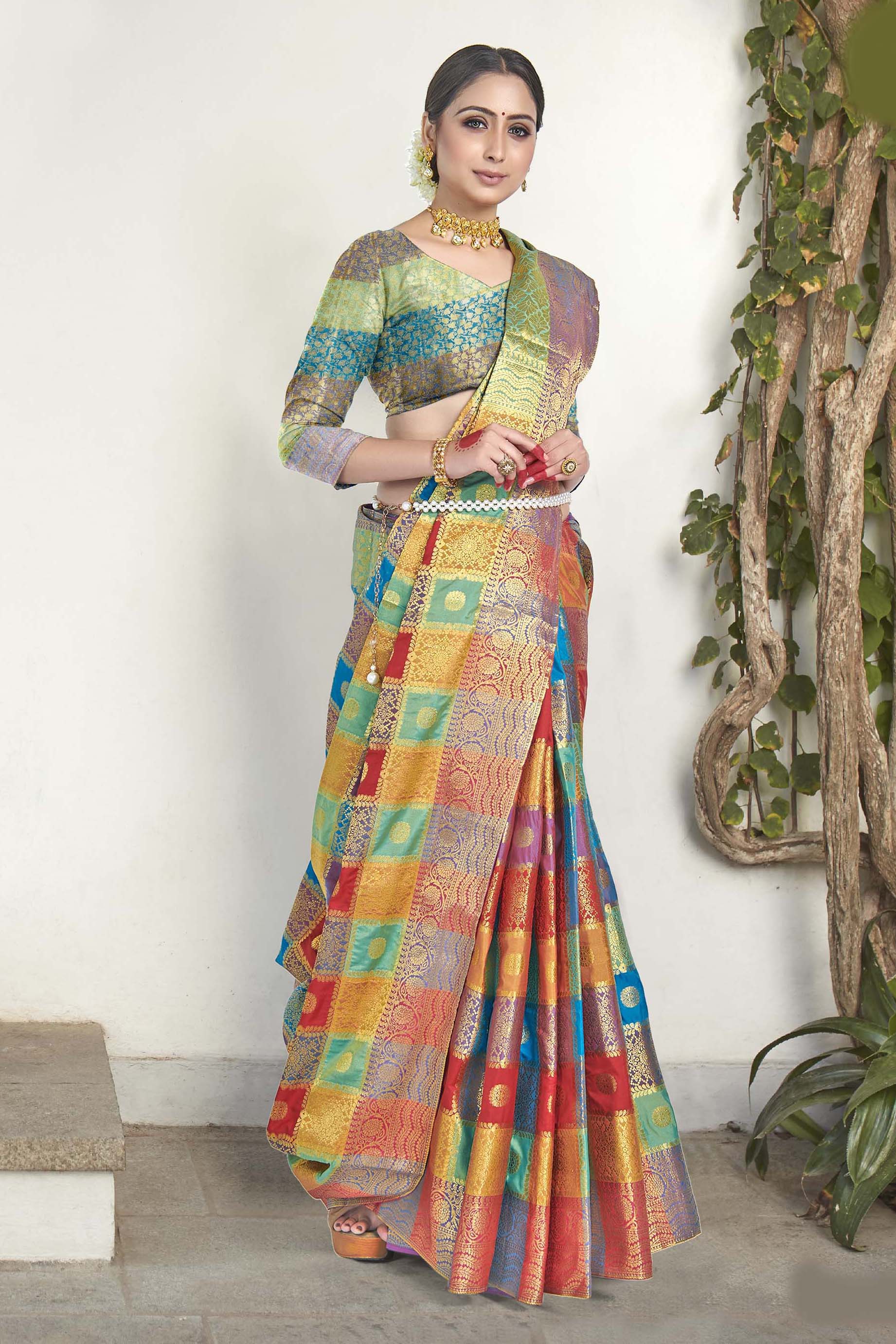 Checkered Banarasi Art Silk Saree With Blouse