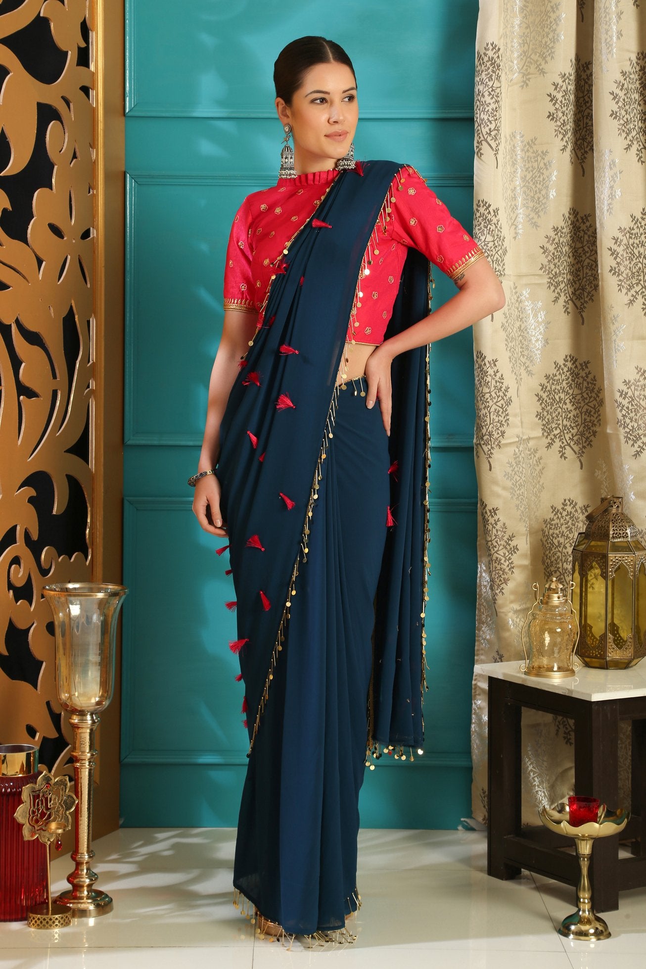 Ready To Wear Multicolor Striped Georgette With Tassel on Pallu Wrap i