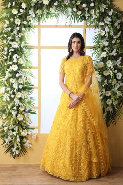 Demanding Yellow Colored Party Wear Embroidered Net Gown With Dupatta