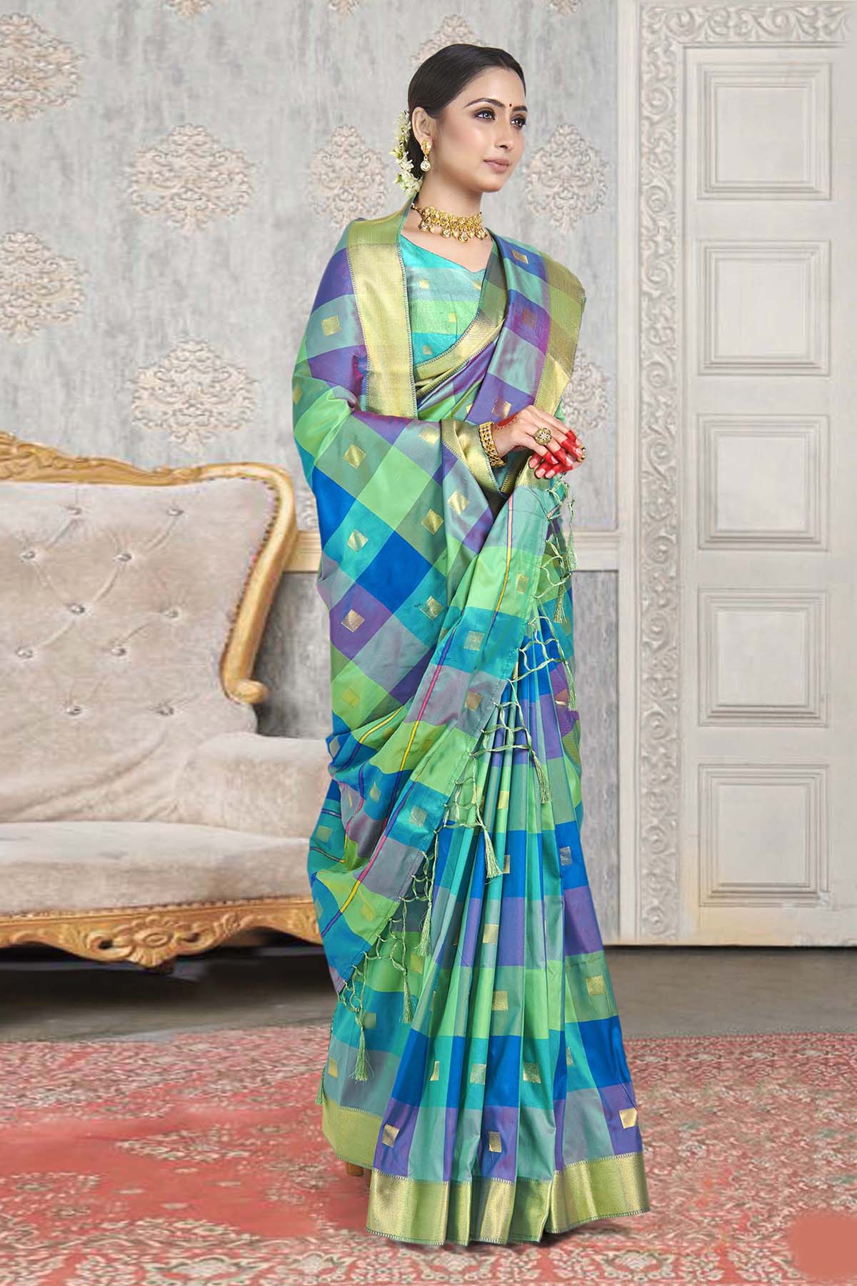 Buy Manvaa Women Green Checkered Cotton Silk Saree Online at Best Prices in  India - JioMart.