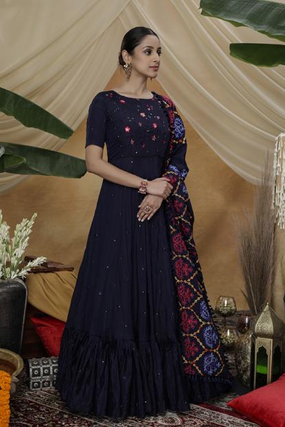 Party Wear Royal Blue Thread & Sequence Work Gown With Dupatta