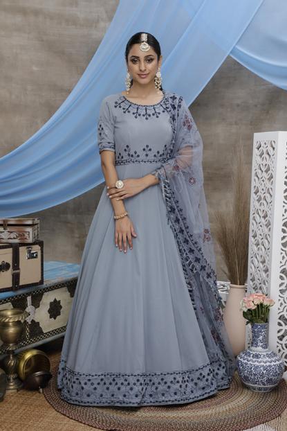 Beautiful Grey Color Semmi Stitched Diamond Georgette Gown