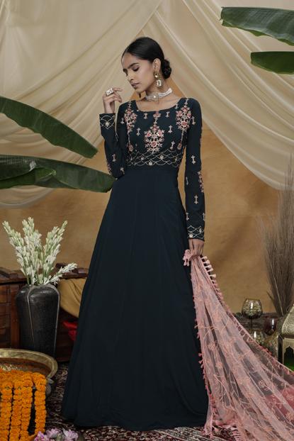 Multi Thread Embroidery Work Diamond Georgette Gown With Dupatta