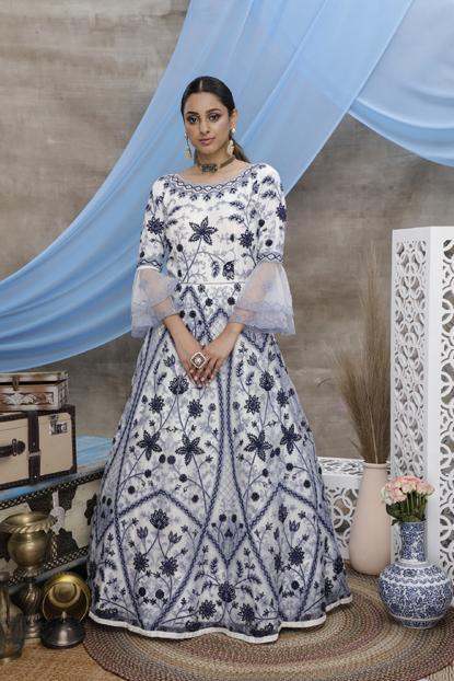 Net Long Flared Gown With Multi Thread Work & Dupatta