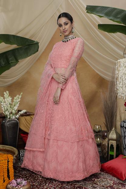 Peach Gown Bridal Traditional Wear Net Embroidery Work Gown Lehenga With  Dupatta | eBay