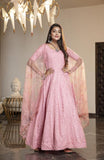 Dazzling Pink Color Thread Embroidery & Stone Work Gown