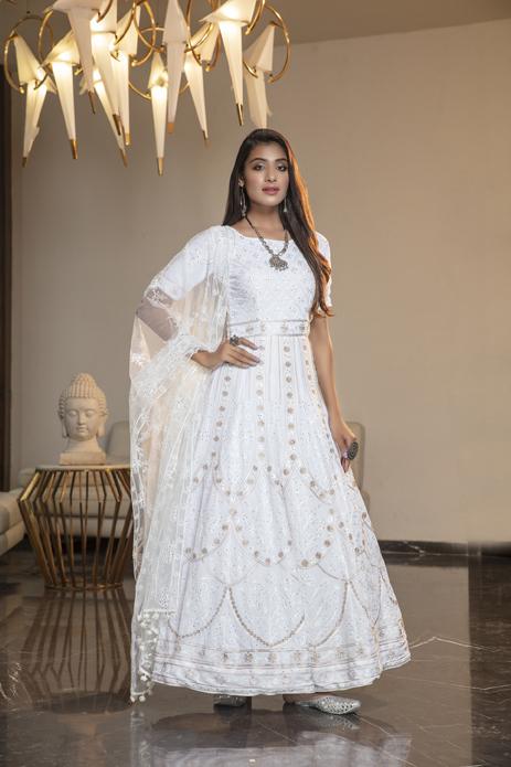 Thread Embroidery & Stone Work Gown With Net Dupatta